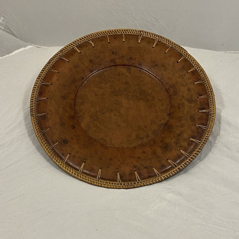 Vintage Pier 1 Ceramic Charger Large 14in faux leather and rattan boho natural